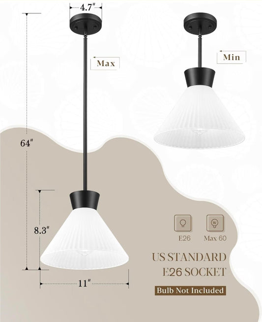 1-Light 11-Inch Ceiling Pendant Light, White Glass, Black, 5HZG98MIL BK E26 Socket, Max 60W, ETL listed, Sloped Ceiling Compatible, Adjustable Hanging Height, 1 Pack Hanging Light - Horizon Endless