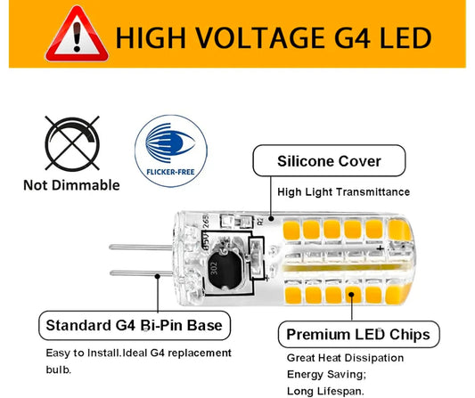 100V-265V G4 LED Bulb 3W,20W Halogen Equivalent,3000K,10-Pack Non-Dimmable, For High-Voltage System(100V-265V AC), G4 Bi-Pin Base for Chandelier, Ceiling Light - Horizon Endless