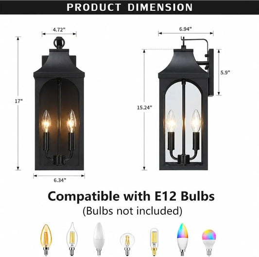 17-Inch 2-Light Outdoor Porch Wall Lantern, Black Exterior Light Vintage farmhouse style - Horizon Endless