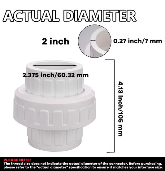2" PVC Union Coupling Pipe Fitting (actual diameter 2.37") PVC Adapter Schedule 40(Socket x Socket), EPDM O-Ring, White 2 Pack - Horizon Endless