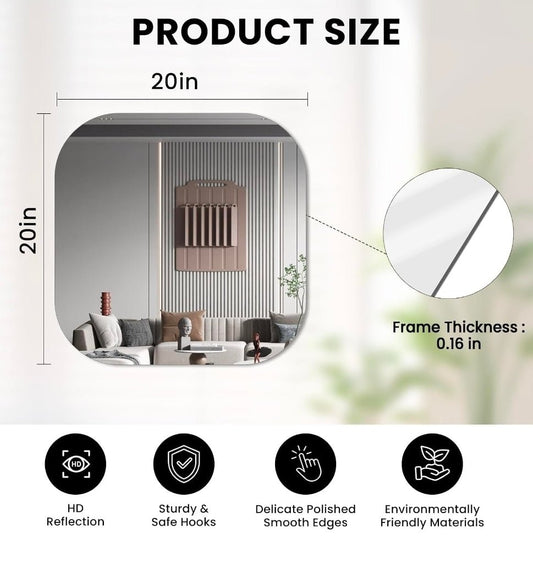 20" Frameless Square Bathroom Mirror, Tempered Glass Wall Mirror, HD Vanity Mirror for Entryway, Living Room & Home Decor, Polished Rounded Edges, 1/5" Thick - Horizon Endless
