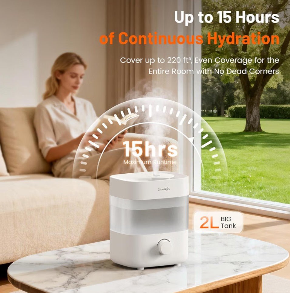 2L Ultrasonic Cool Mist Humidifier for Bedroom & Baby Nursery – 20dB Quiet, Dual Nozzles, Auto Shut-Off, White - Horizon Endless