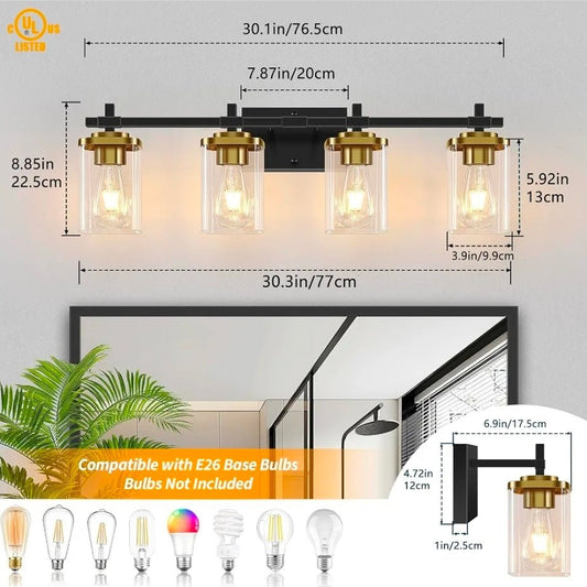 4-Light Modern Black and Gold Vanity Lights, Stylish Bathroom Wall Sconces - Horizon Endless