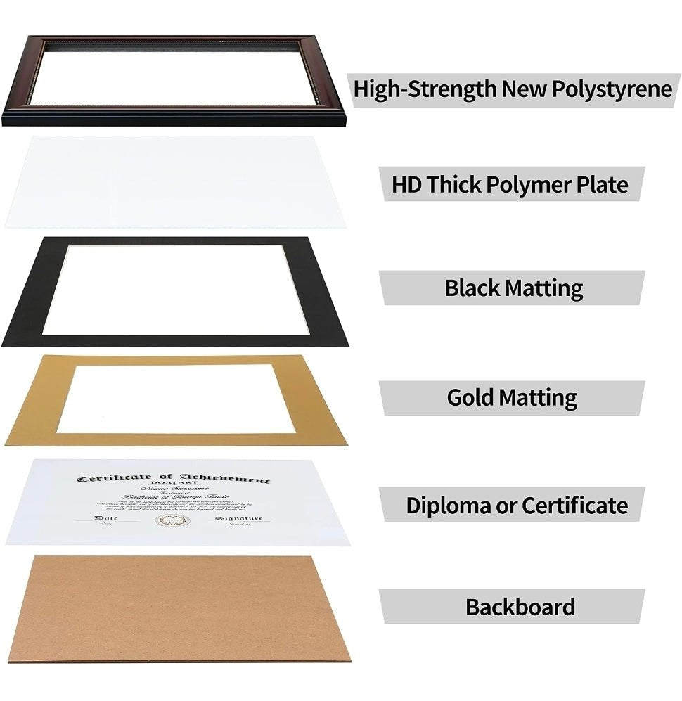 8.5x11 Diploma Frame with Black Over Gold Mat Classic Mahogany 8.5x11-inch or 11x14 Document &Certificate Without Mat,Wide Molding, Gold Beads Hanging Hardware Included - Horizon Endless
