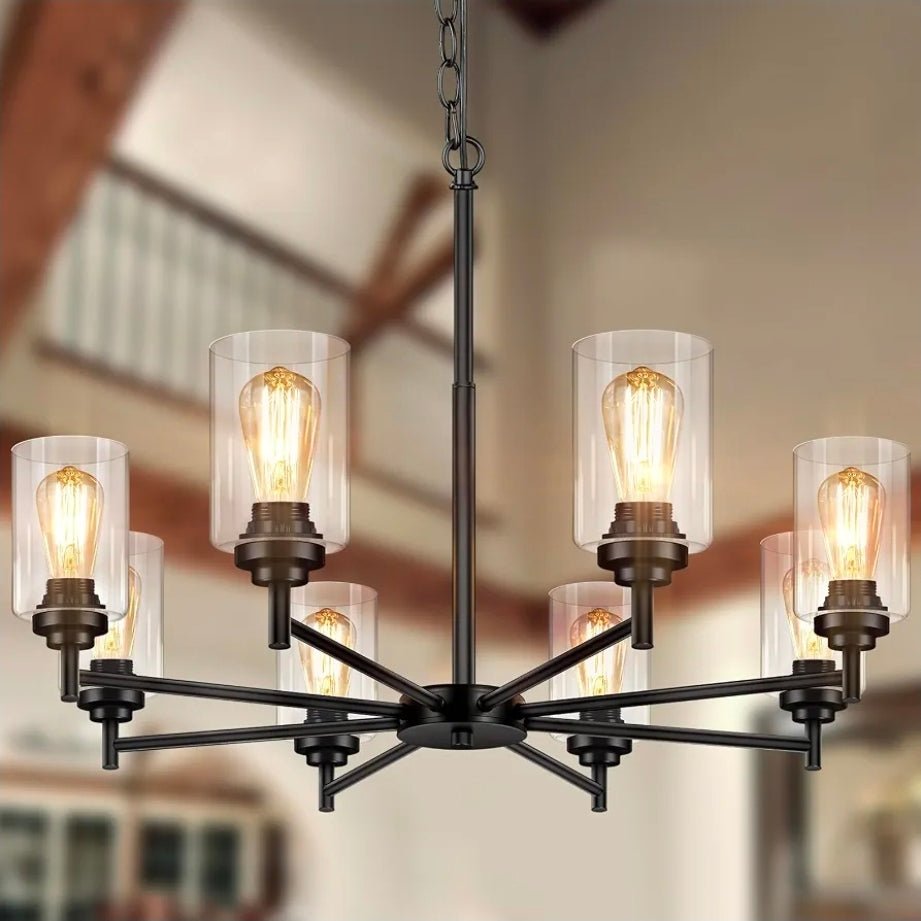 D33.5" Chandelier for Dining Room, 8-Light Black Kitchen Light Fixture Hanging Height Adjustable, Modern Farmhouse Style, Clear Glass Shade & Durable Metal, Quick & Easy Installation - Horizon Endless