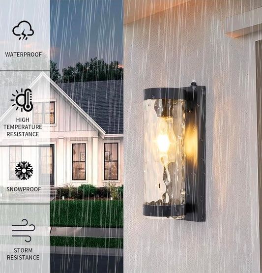 Dusk to Dawn Outdoor Wall Sconce, Water Ripple Glass Porch Light, Black - Horizon Endless