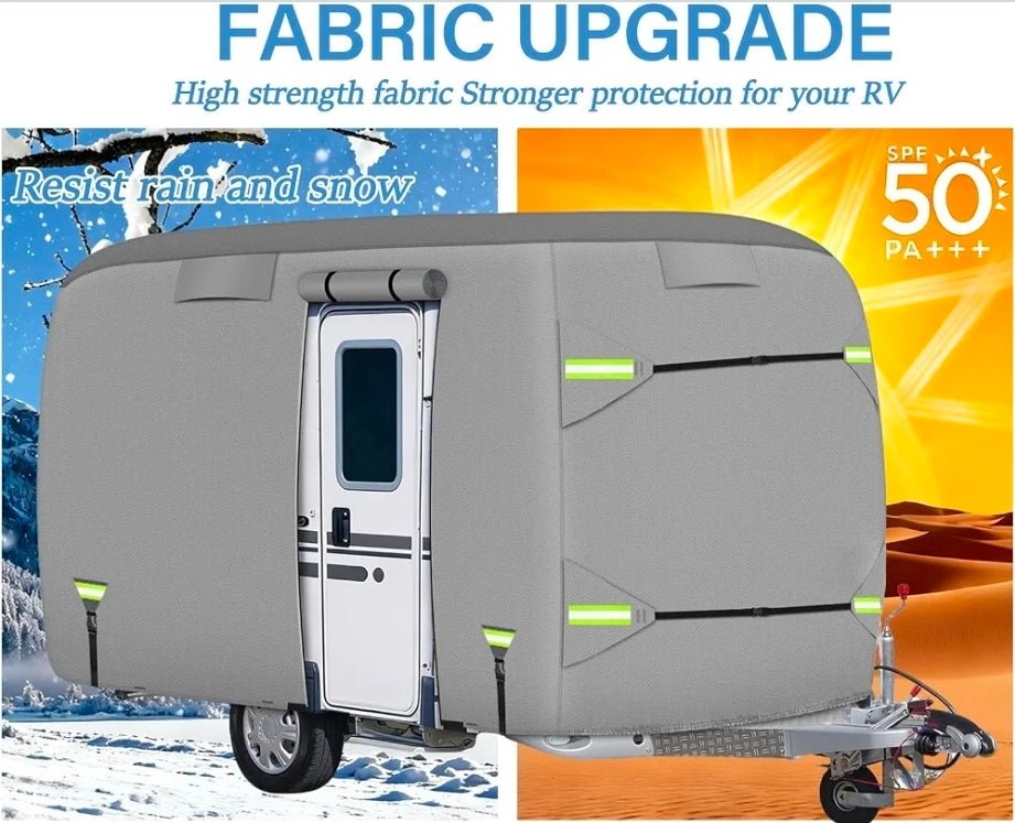 Fiberglass Travel Trailer Cover, Upgraded 8 Layers Top Fits 11 to 13 Feet Trailers, Waterproof Camper Cover, RV Cover with Extra Windproof Ropes, Adhesive Repair Patche - Horizon Endless