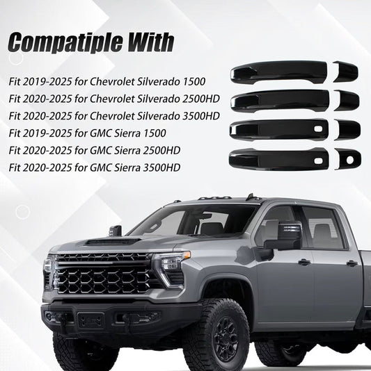 Glossy Black Car Door Handle Cover Trim with 2 Smart Keyhole Button fit 2019-2025 for Chevy Chevrolet Silverado GMC Sierra 1500 2500HD 3500HD Exterior Door Handle Caps Stick-on Protector - Horizon Endless