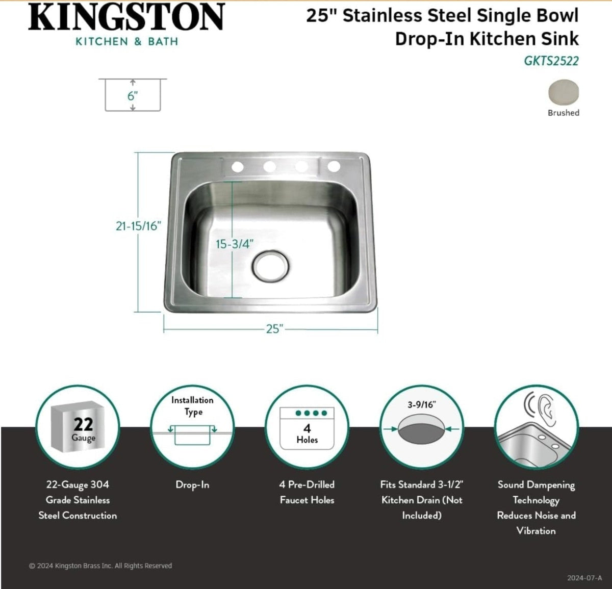 Kingston Bras Gourmetier 22 Gauge 4 Holes Self-Rimming Single Basin Sink 25x22x6 - Horizon Endless