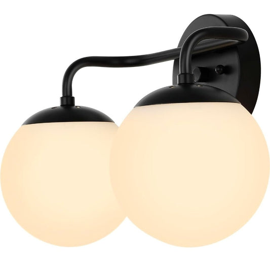Louis Parisian Globe 15" Vanity 2-Light, Black White Frosted Glass Shade, Midcentury Parisian Bistro Style, Metal Wall Lamp, Dimmable, Hardwired, LED Bulbs Included - Horizon Endless