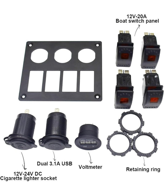 Marine Waterproof Boat Switch Panel – Aluminum 12V Voltmeter, Type-C & QC3.0 USB Charger - Horizon Endless