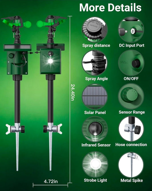 Motion-Activated Sprinkler, Solar Animal Repellent Outdoor - Deer Cat Deterrent with Motion Sensor & Flashing Lights, Protects Yard & Garden from Deer, Cats, Raccoons - Horizon Endless