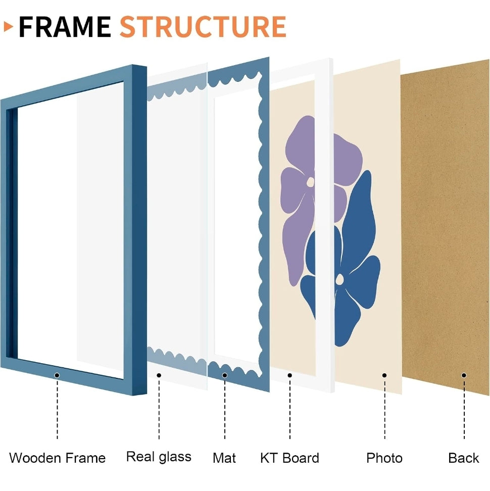 11x14 Picture Frame with Wavy Mat, Wooden Real Glass 11 x 14 Photo Frame for Wall Hanging, Blue, 1 Pack