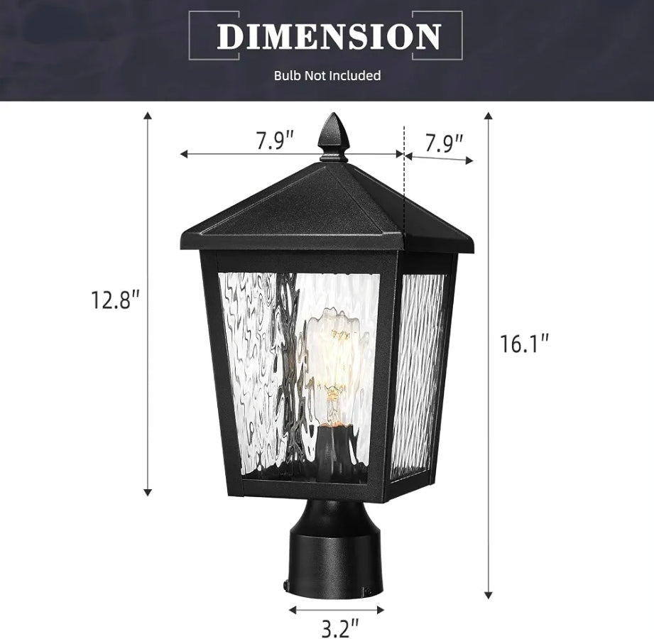 Large Lamp Post Light Fixture, 16.1 Inch Outdoor Post Lamps for House Garden, Die-Cast Aluminum with Water Ripple Glass, Black Finish, 20076P BK-WP