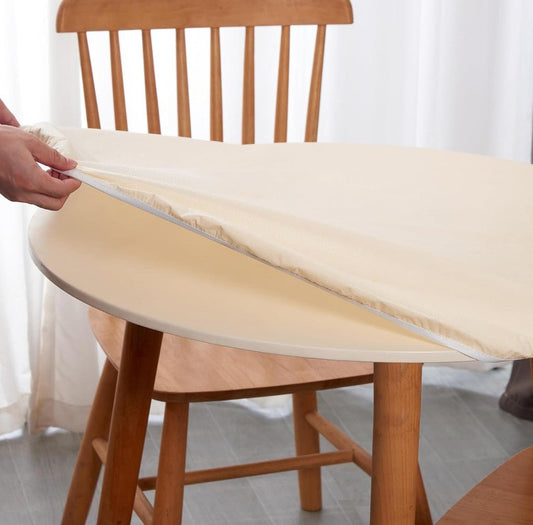 Round Fitted Tablecloth with Elastic Edge, Waterproof Vinyl, 45"-56" Tables, Beige - Horizon Endless