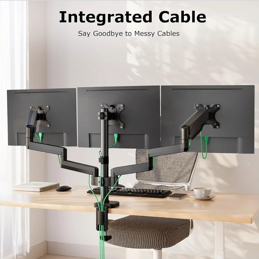 Triple Monitor Stand Desk Mount For 3 Screens Up To 27" Gas Spring C Clamp Base - Horizon Endless