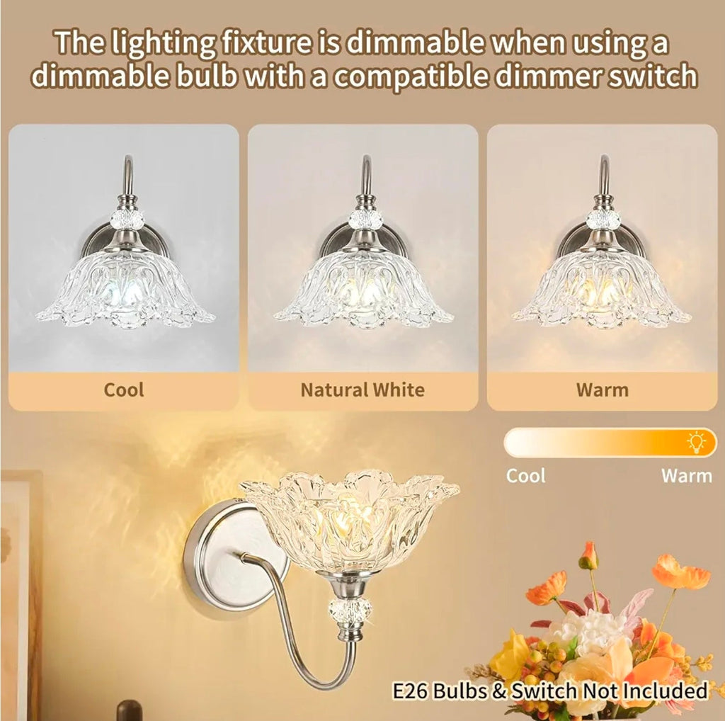 Elegant Brushed Nickel Wall Sconce with Flower Shade & E26 Base for Bathroom - Horizon Endless