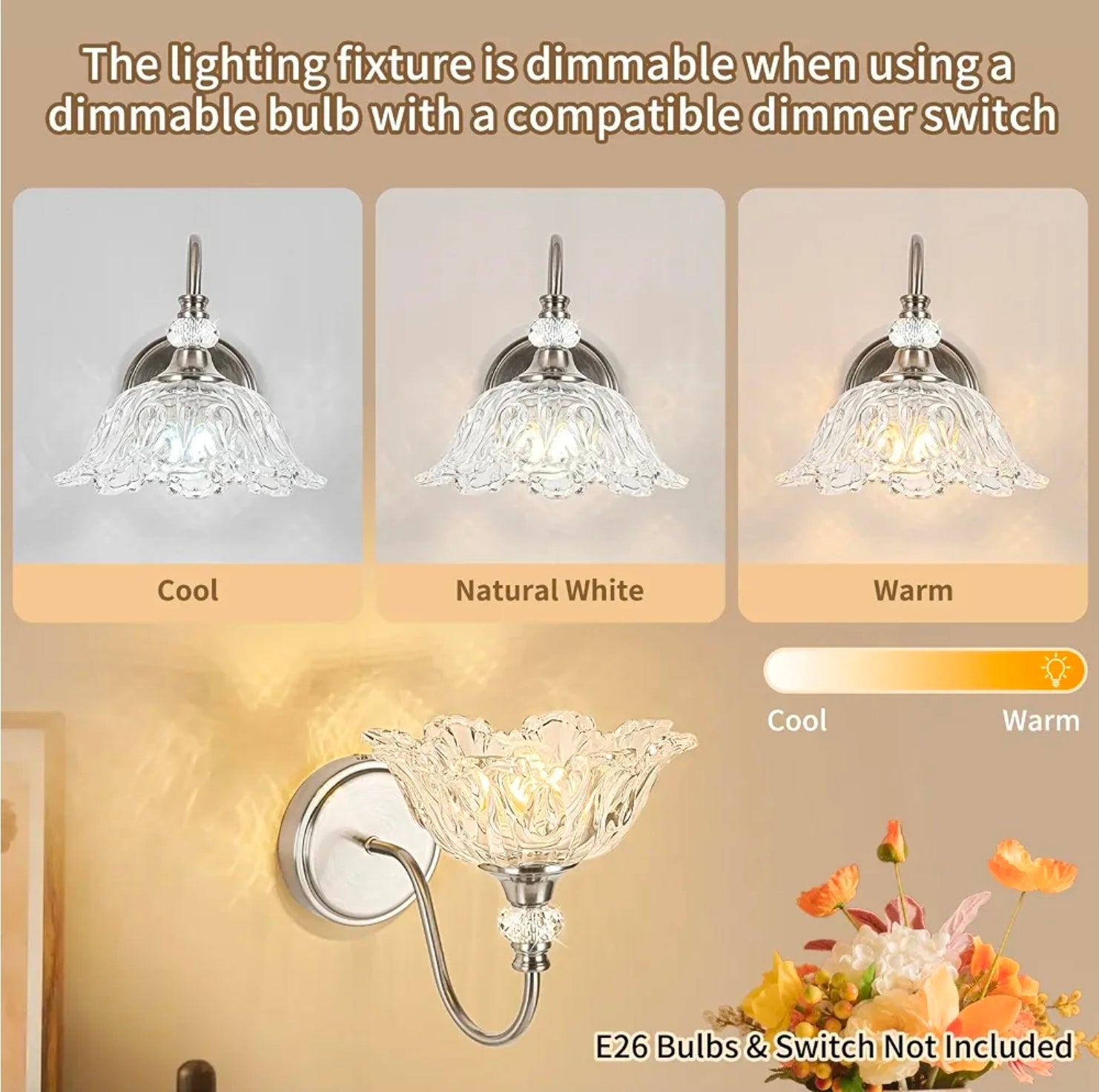 Elegant Brushed Nickel Wall Sconce with Flower Shade & E26 Base for Bathroom - Horizon Endless
