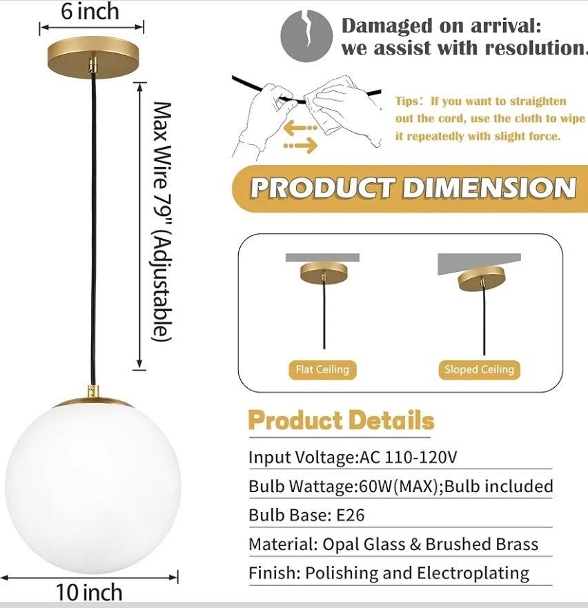 10" Milk Glass Pendant Light Mid Century Modern Globe Hanging Light Fixtures for - Horizon Endless