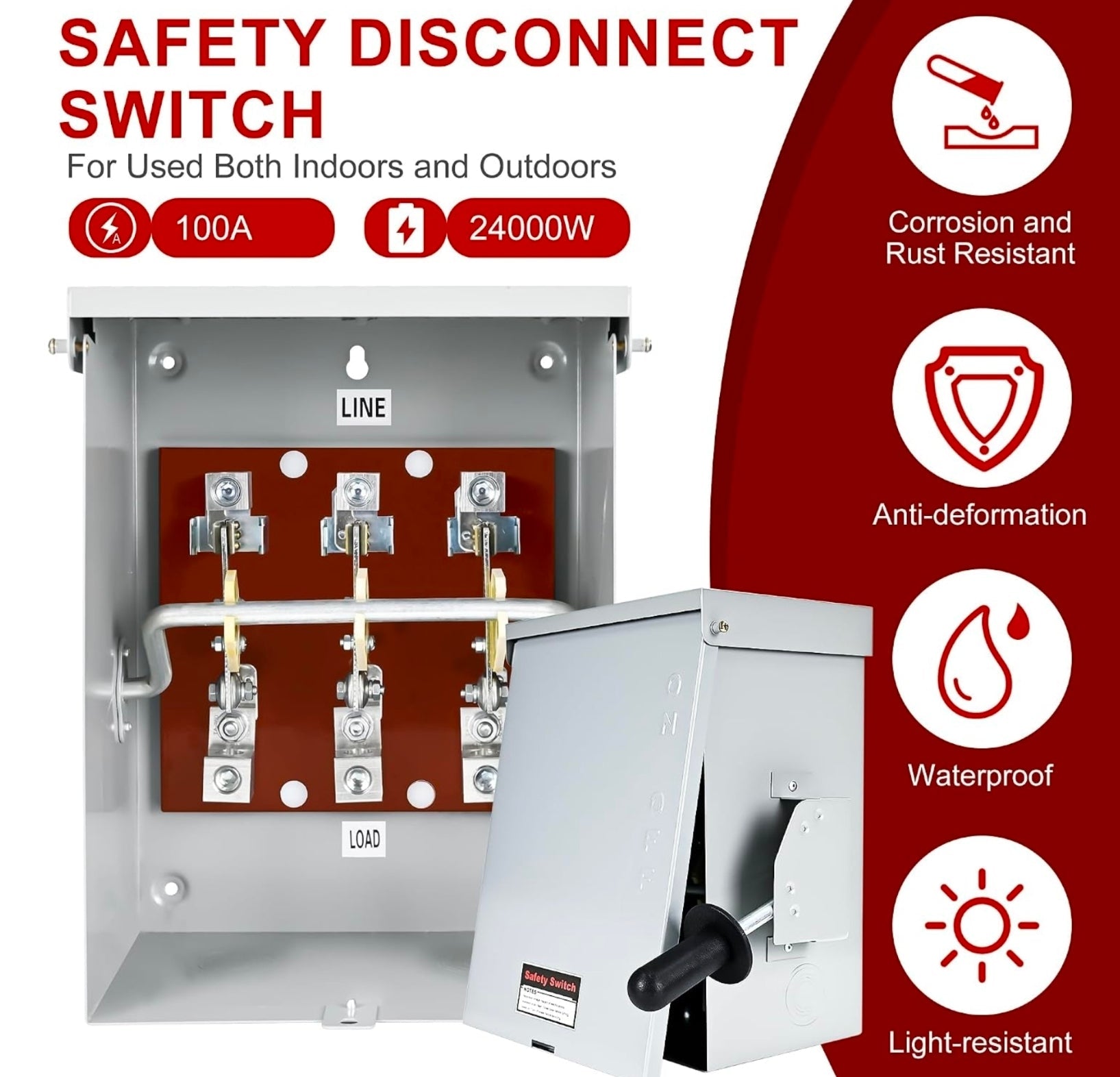 100-Amp Disconnect, 3 Pole 120V/240V General Safety Switch Non-Fused AC Disconnect Switch Box, Outdoor&Indoor, NEMA-3R Enclosure, Anti Corrosion and Rust Prevention with Ground Kit - Horizon Endless