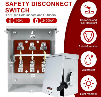 100-Amp Disconnect, 3 Pole 120V/240V General Safety Switch Non-Fused AC Disconnect Switch Box, Outdoor&Indoor, NEMA-3R Enclosure, Anti Corrosion and Rust Prevention with Ground Kit - Horizon Endless