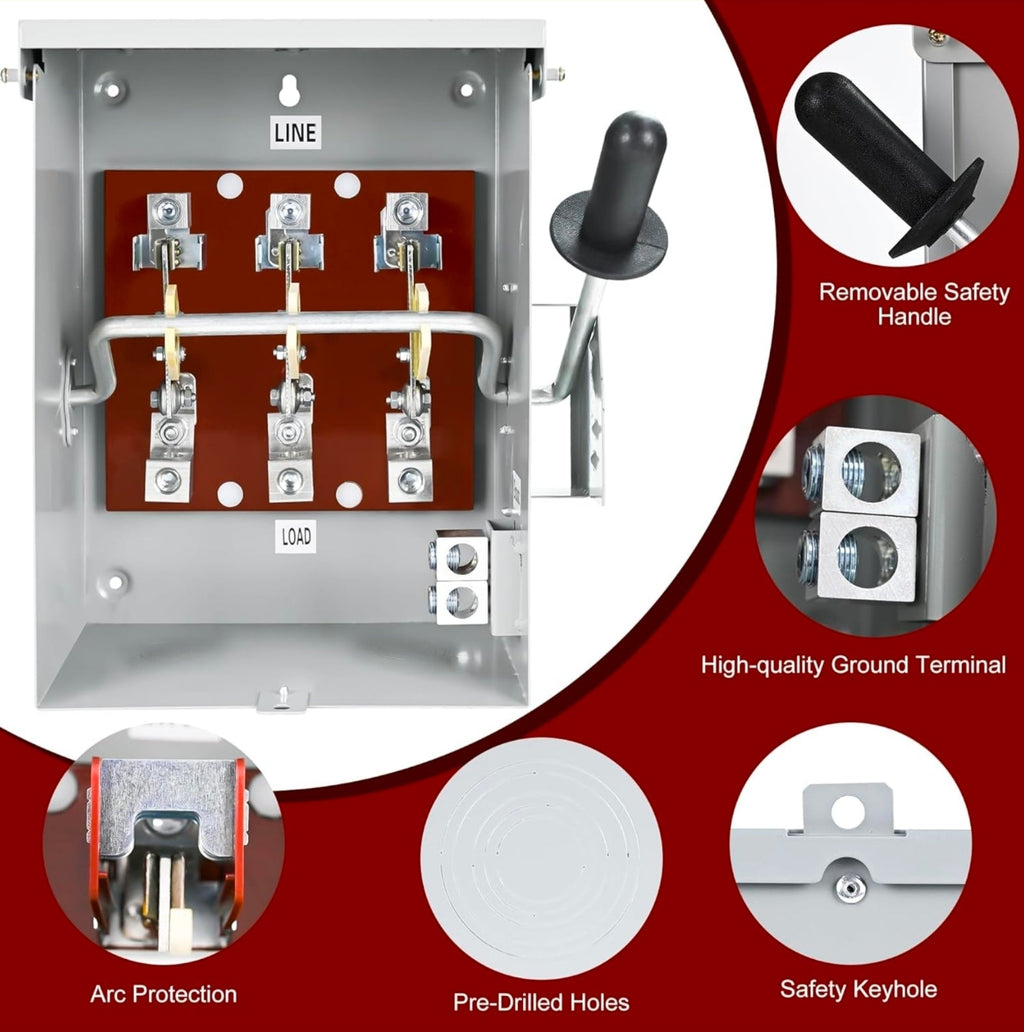 100-Amp Disconnect, 3 Pole 120V/240V General Safety Switch Non-Fused AC Disconnect Switch Box, Outdoor&Indoor, NEMA-3R Enclosure, Anti Corrosion and Rust Prevention with Ground Kit - Horizon Endless