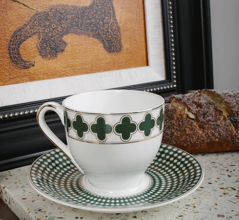European Style 7oz Bone China Coffee Cup & Saucer -Green Four-Leaf Clover Set