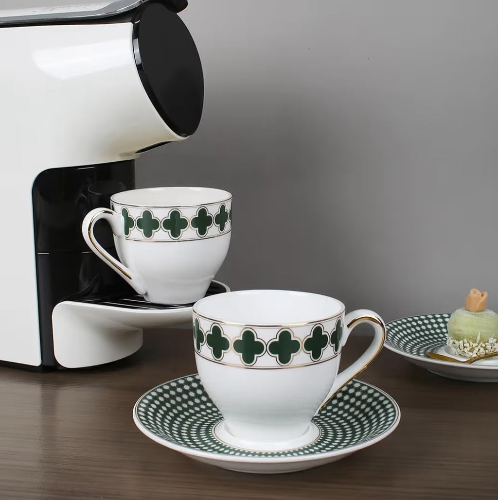 European Style 7oz Bone China Coffee Cup & Saucer -Green Four-Leaf Clover Set