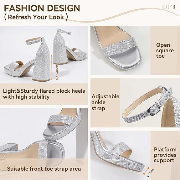 7.5 Silver Glitter Square Toe Platform Heels – Women’s Chunky Block Pumps