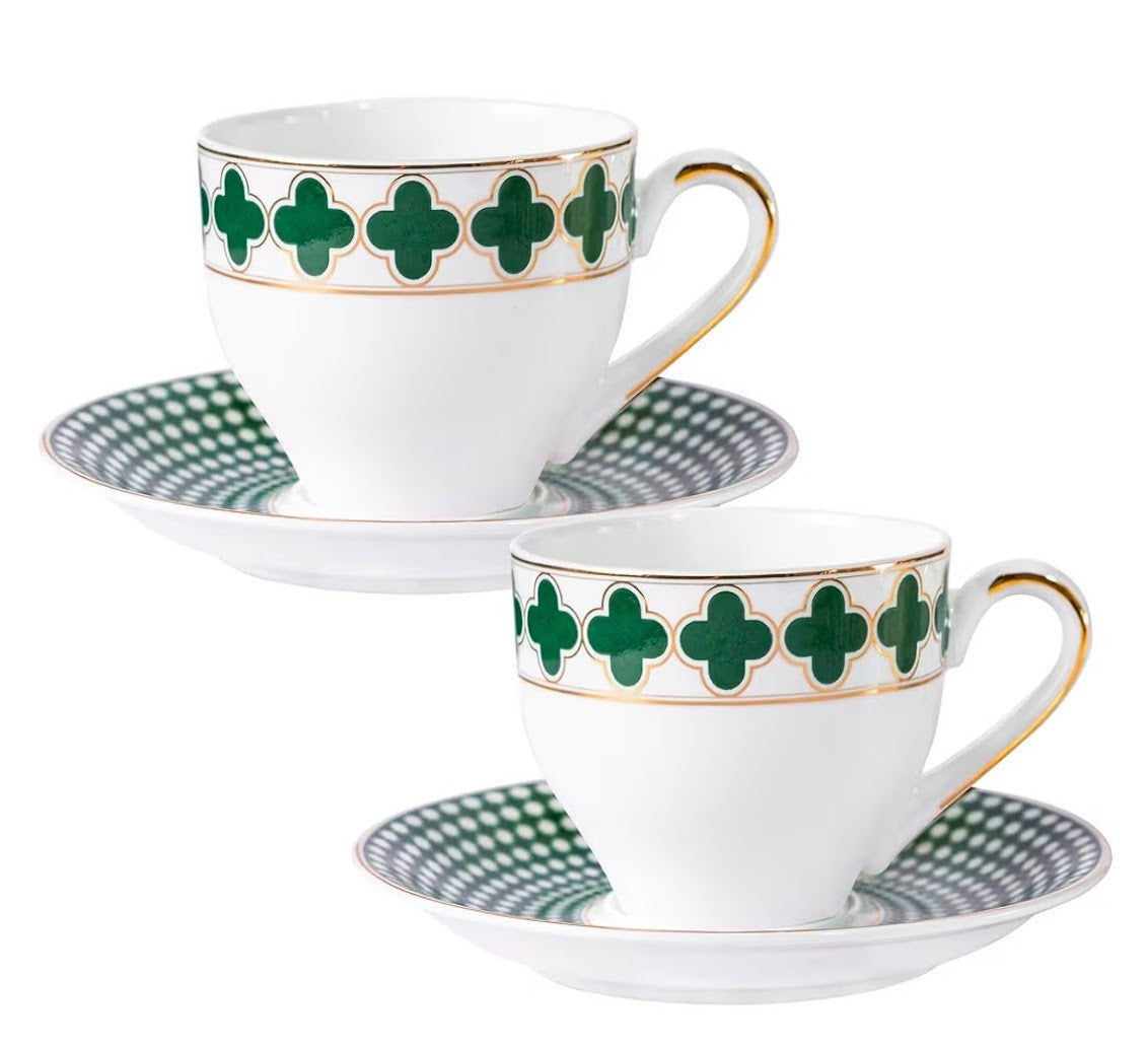 European Style 7oz Bone China Coffee Cup & Saucer -Green Four-Leaf Clover Set