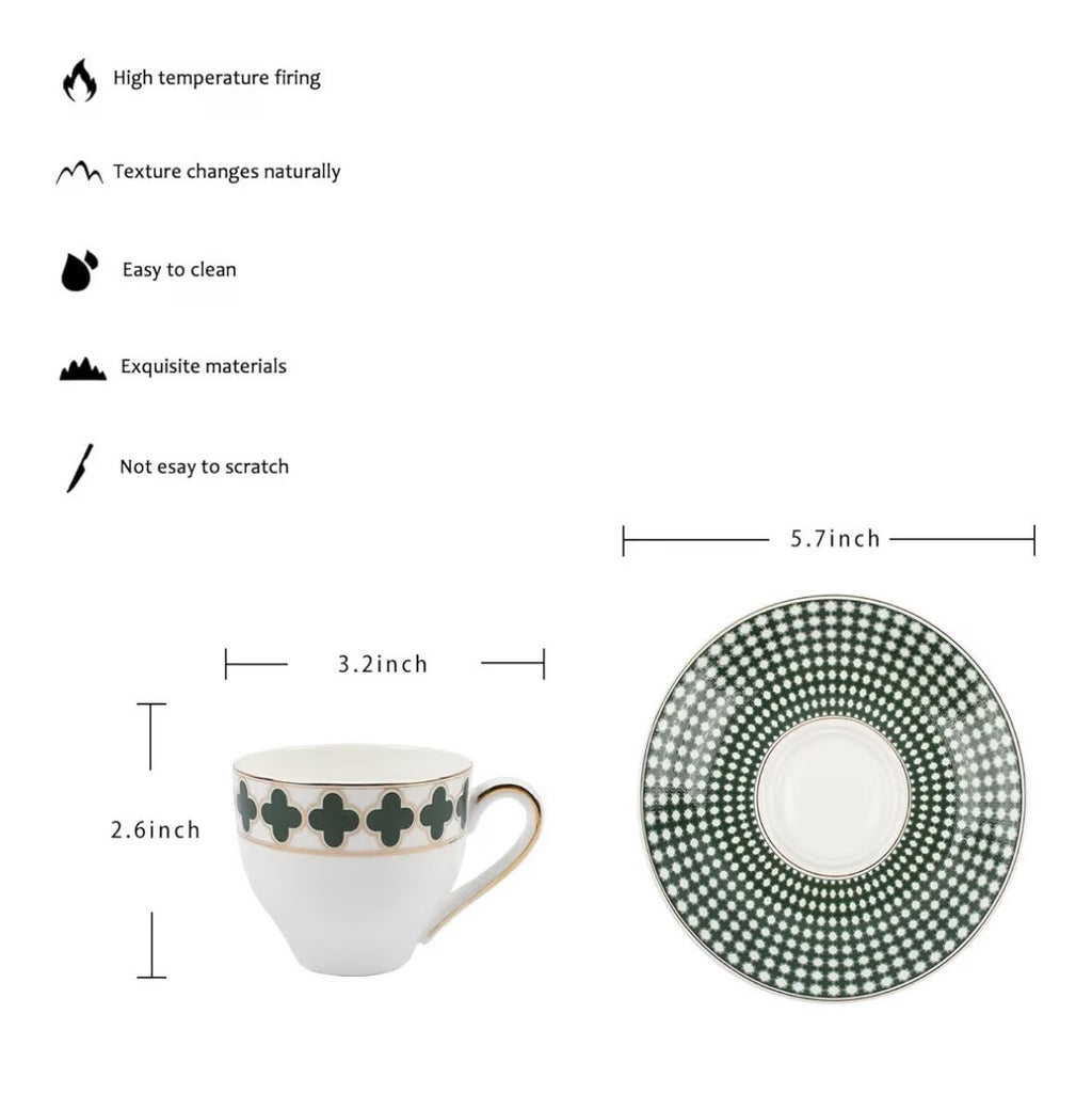 European Style 7oz Bone China Coffee Cup & Saucer -Green Four-Leaf Clover Set
