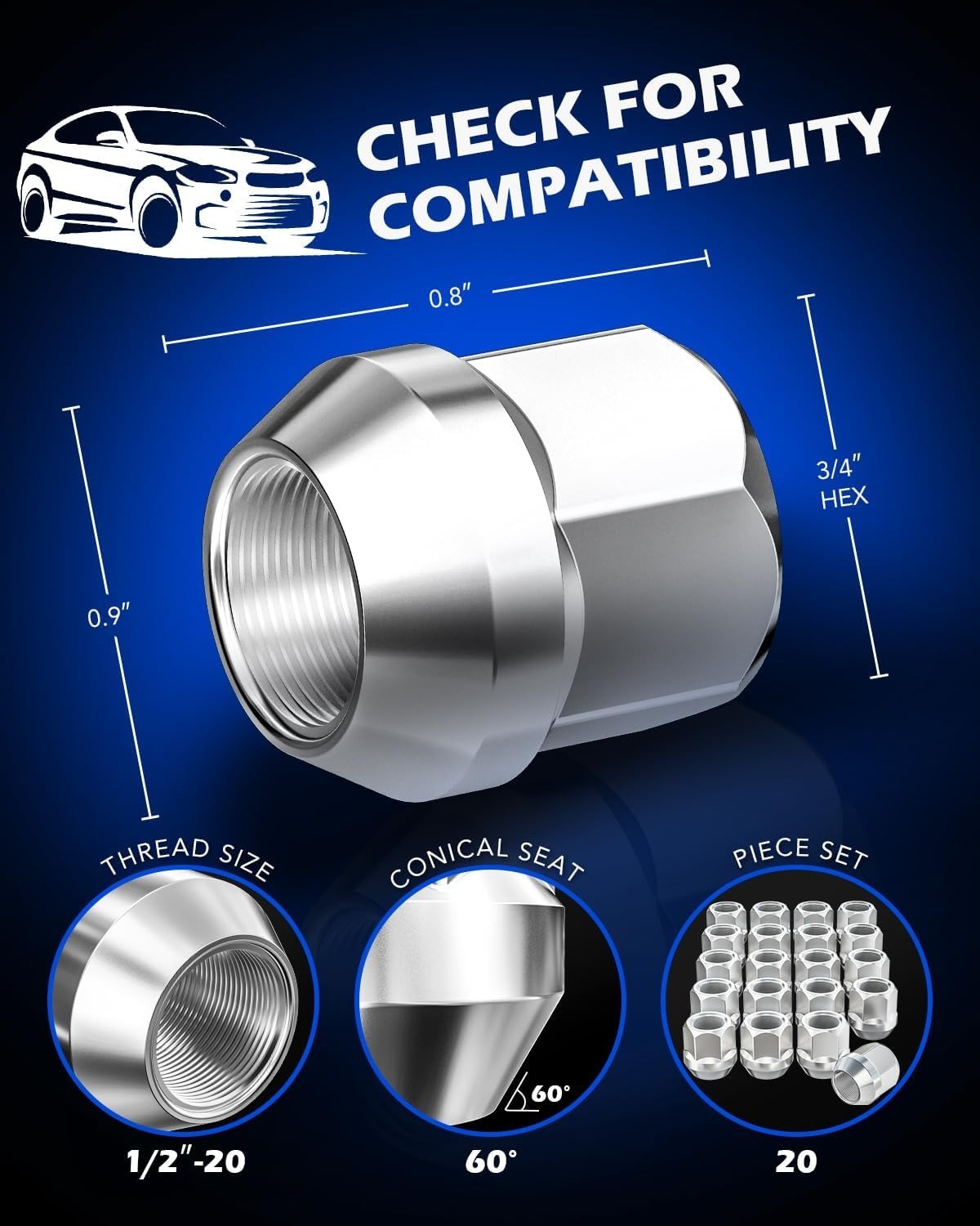 1/2"-20 Open End Lug Nuts, 3/4" 19mm Hex 0.84x0.9 in-20 Pack 0.8 inch