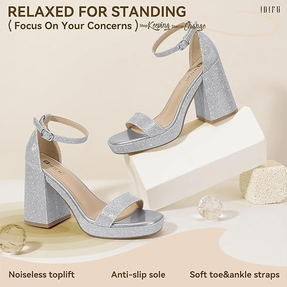 7.5 Silver Glitter Square Toe Platform Heels – Women’s Chunky Block Pumps