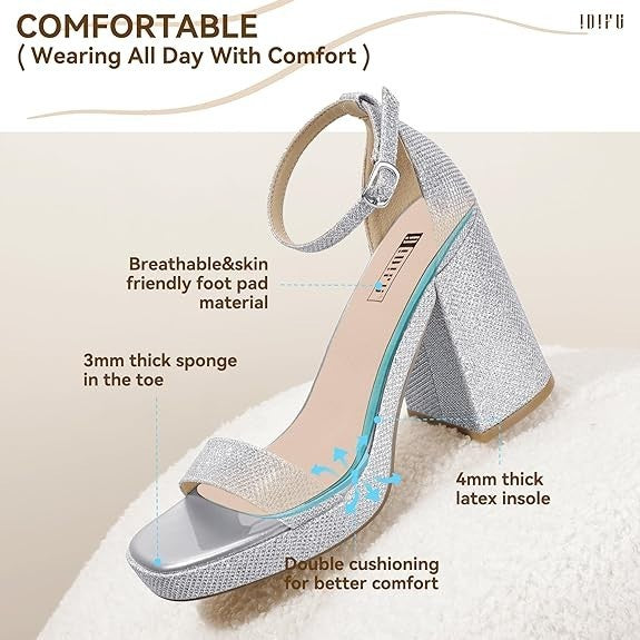 7.5 Silver Glitter Square Toe Platform Heels – Women’s Chunky Block Pumps