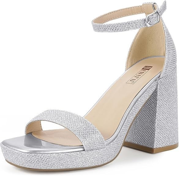 7.5 Silver Glitter Square Toe Platform Heels – Women’s Chunky Block Pumps