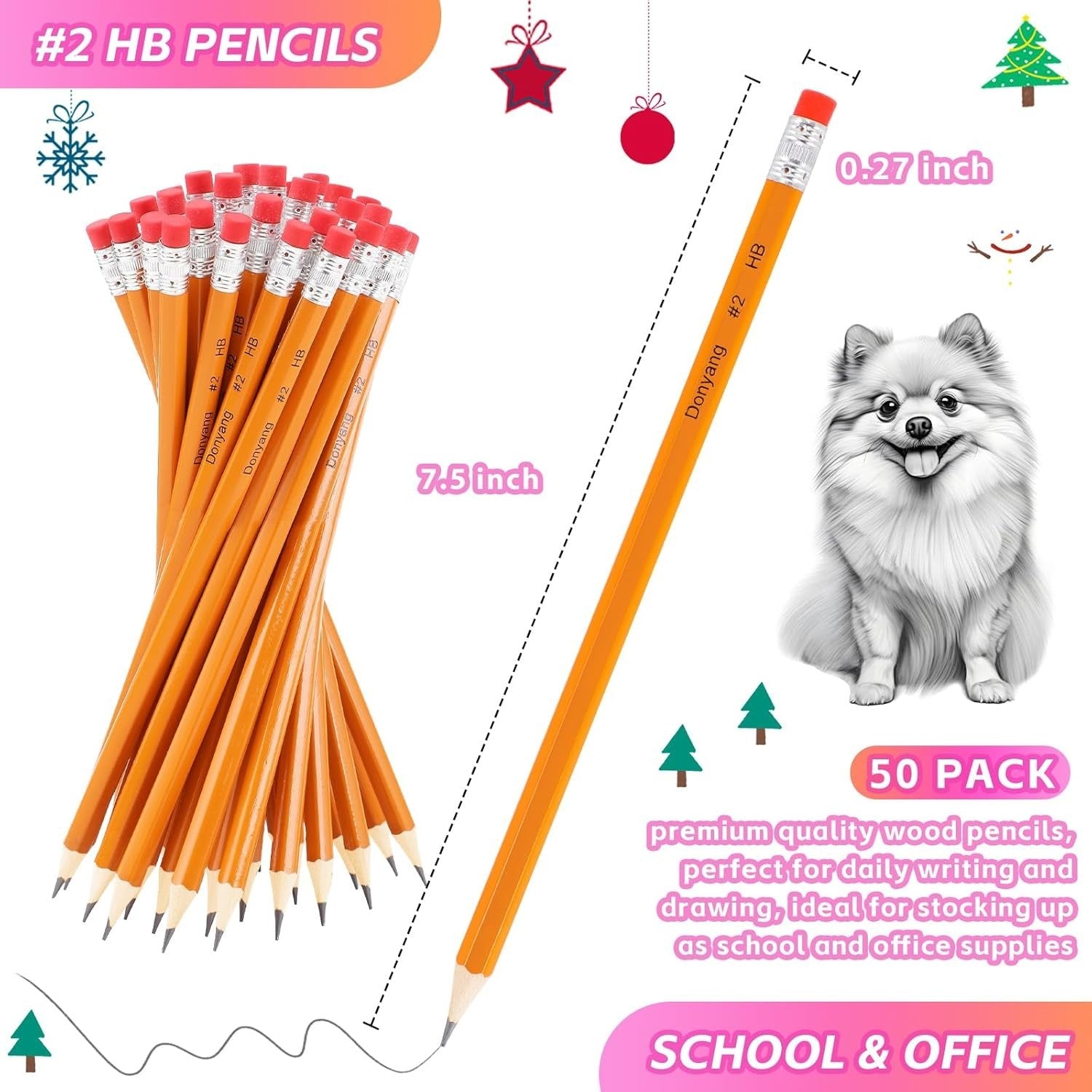 #2 Pencils 50‑Count Pre‑Sharpened HB Lead Latex‑Free Erasers for Writing Drawing