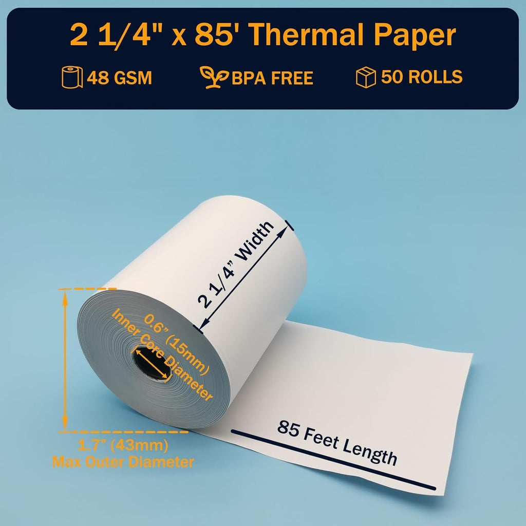 2-1/4" x 85' 50 Thermal Paper Credit Card Cash Register POS Receipt Paper Rolls