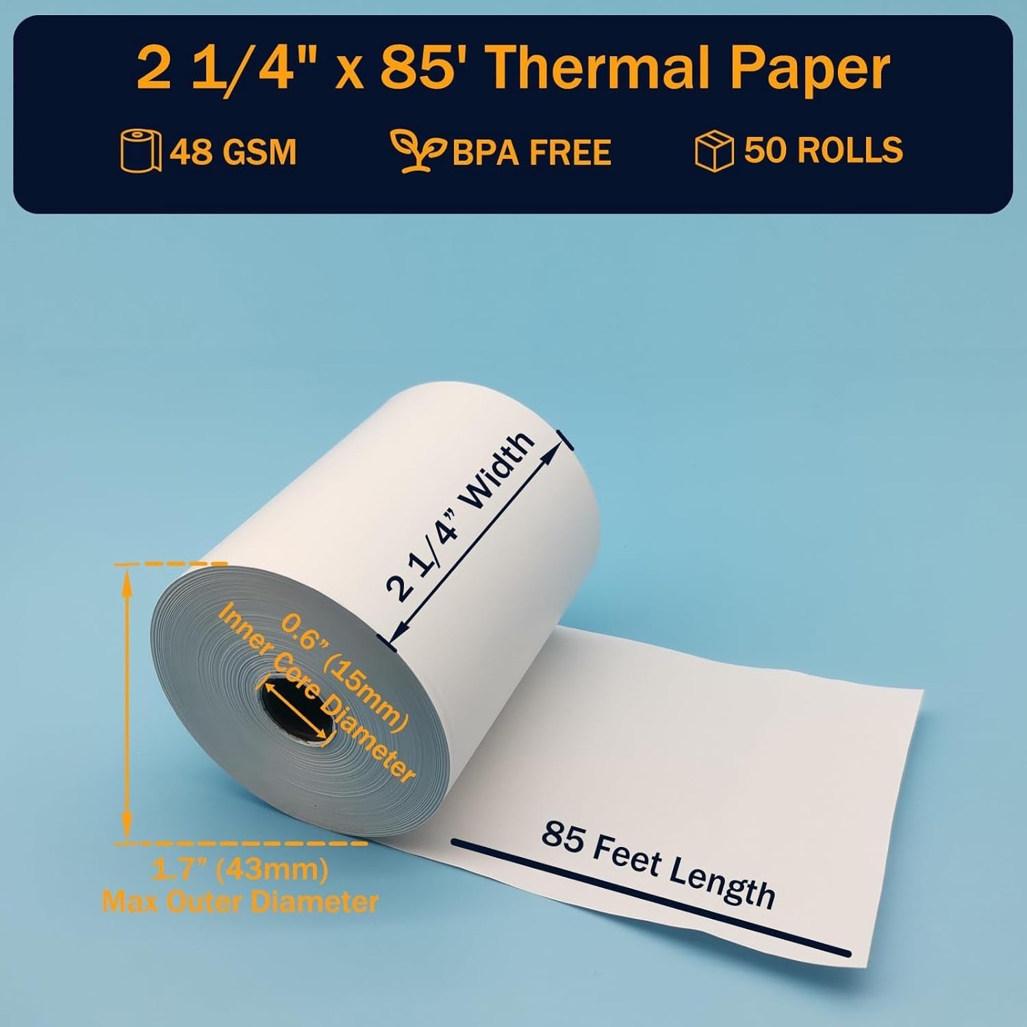 2-1/4" x 85' 50 Thermal Paper Credit Card Cash Register POS Receipt Paper Rolls
