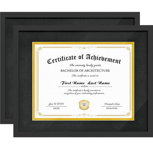 11x14 Black Diploma Frames,Gold & Black Mats,Real Glass Wall or Tabletop Display,Display 8.5x11 with Mat or 11x14 Without Mat,Black Backboard, 2 Pack - Horizon Endless