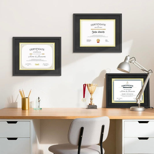 11x14 Black Diploma Frames,Gold & Black Mats,Real Glass Wall or Tabletop Display,Display 8.5x11 with Mat or 11x14 Without Mat,Black Backboard, 2 Pack - Horizon Endless