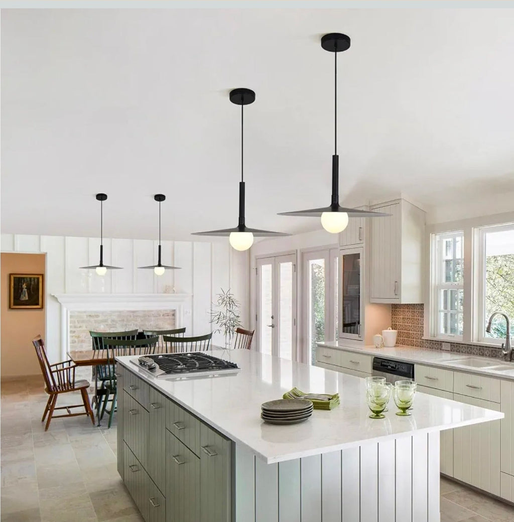 Vintage Black Dome Pendant Light with Adjustable Cord and Milk Glass Shade - Industrial Farmhouse - Horizon Endless