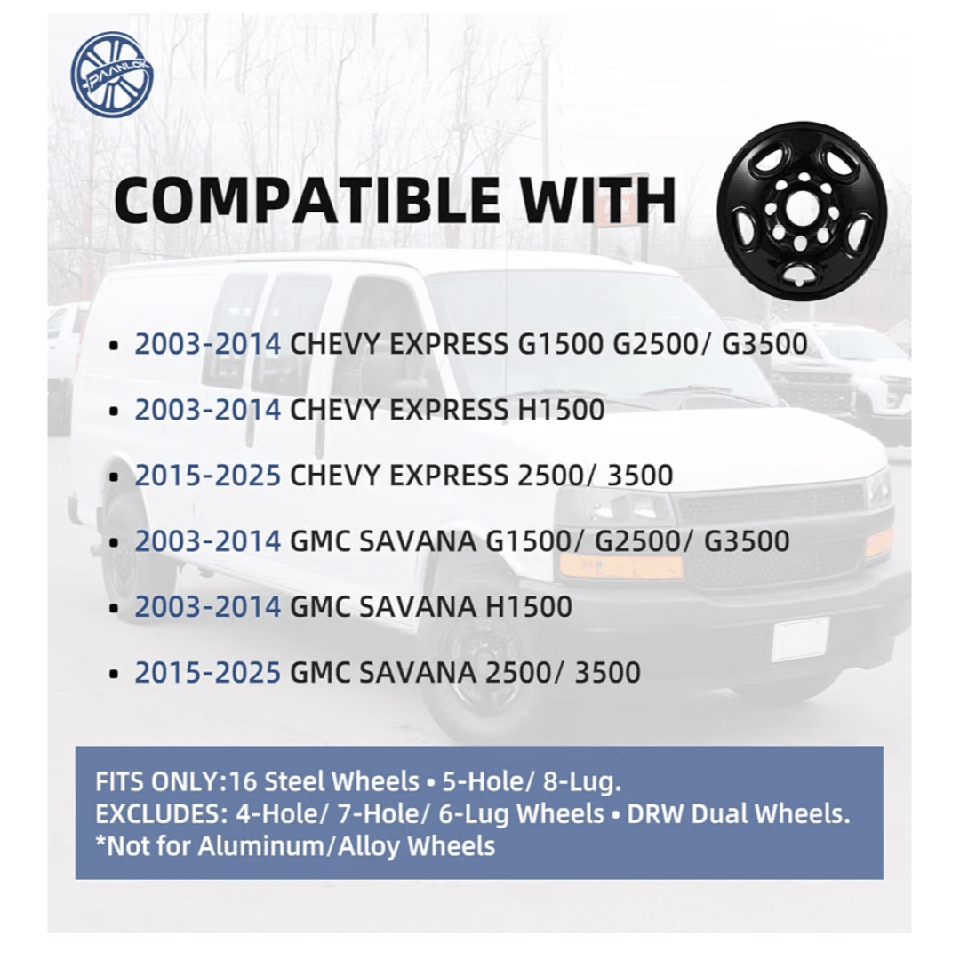 16" Black Wheel Skins 4-Pack for Chevy Express & GMC Savana 2500/3500 (2003-2026) | 8-Lug Steel Wheels - Horizon Endless
