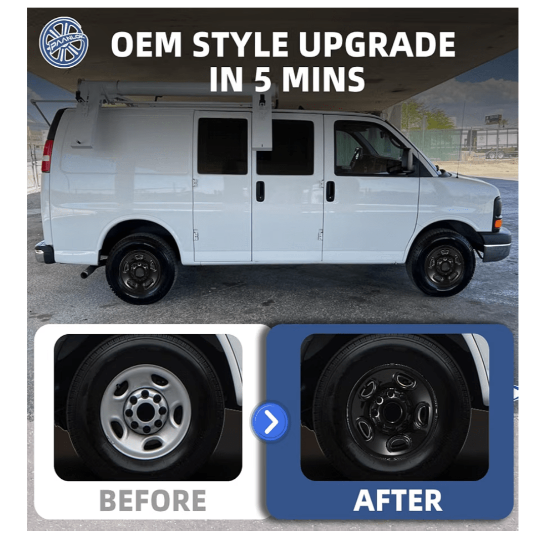 16" Black Wheel Skins 4-Pack for Chevy Express & GMC Savana 2500/3500 (2003-2026) | 8-Lug Steel Wheels - Horizon Endless