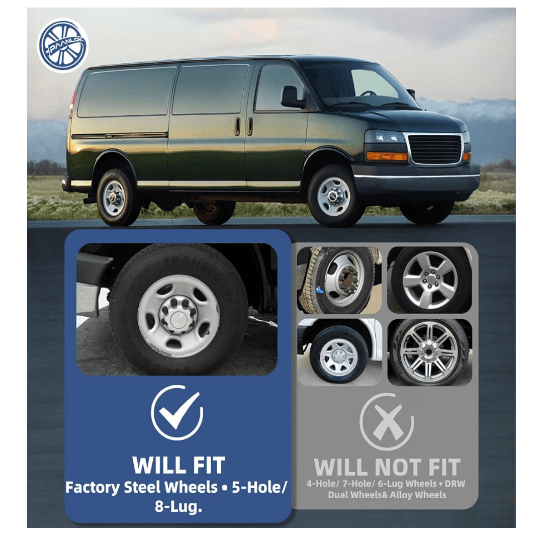 16" Black Wheel Skins 4-Pack for Chevy Express & GMC Savana 2500/3500 (2003-2026) | 8-Lug Steel Wheels - Horizon Endless