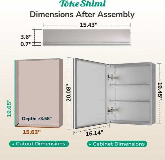16 x 20 Mirrored Medicine Cabinet, Tempered Beveled Mirror, Silver Medicine Cabinet for Bathroom, Assembly Required, Stepless Adjustable Shelves, Recessed/Wall Mount - Horizon Endless