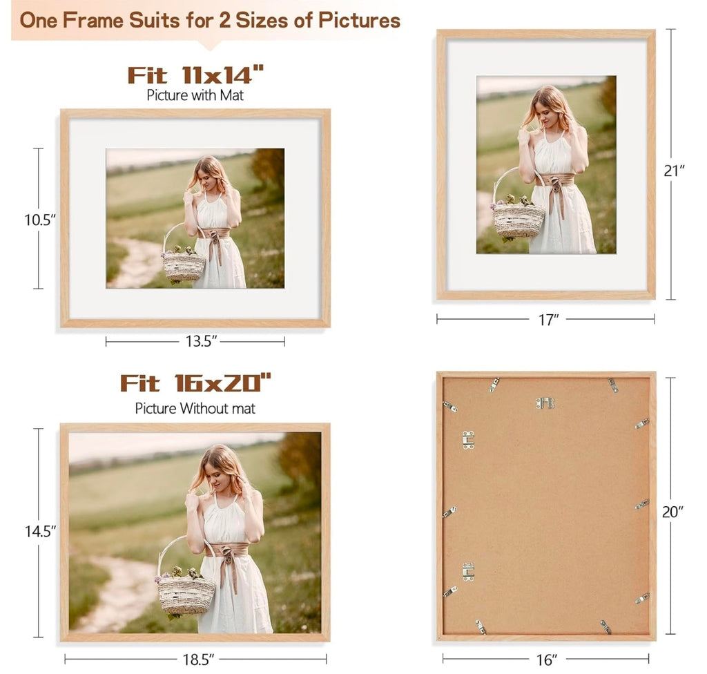 Premium 16x20 Solid Wood Picture Frame Set, Natural Wood Poster Frame, Oak Wood Grain, Display 11x14 - Horizon Endless