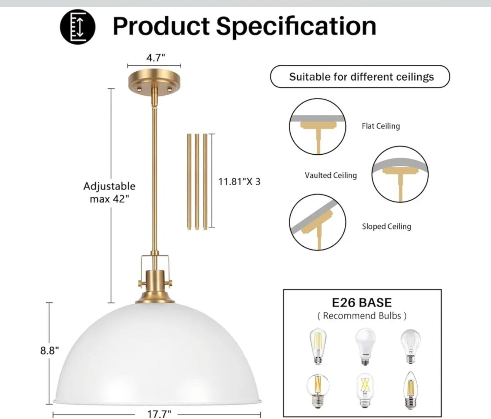 18" White and Gold Large Pendant Light Kitchen Island, Farmhouse Modern Dome Pen - Horizon Endless