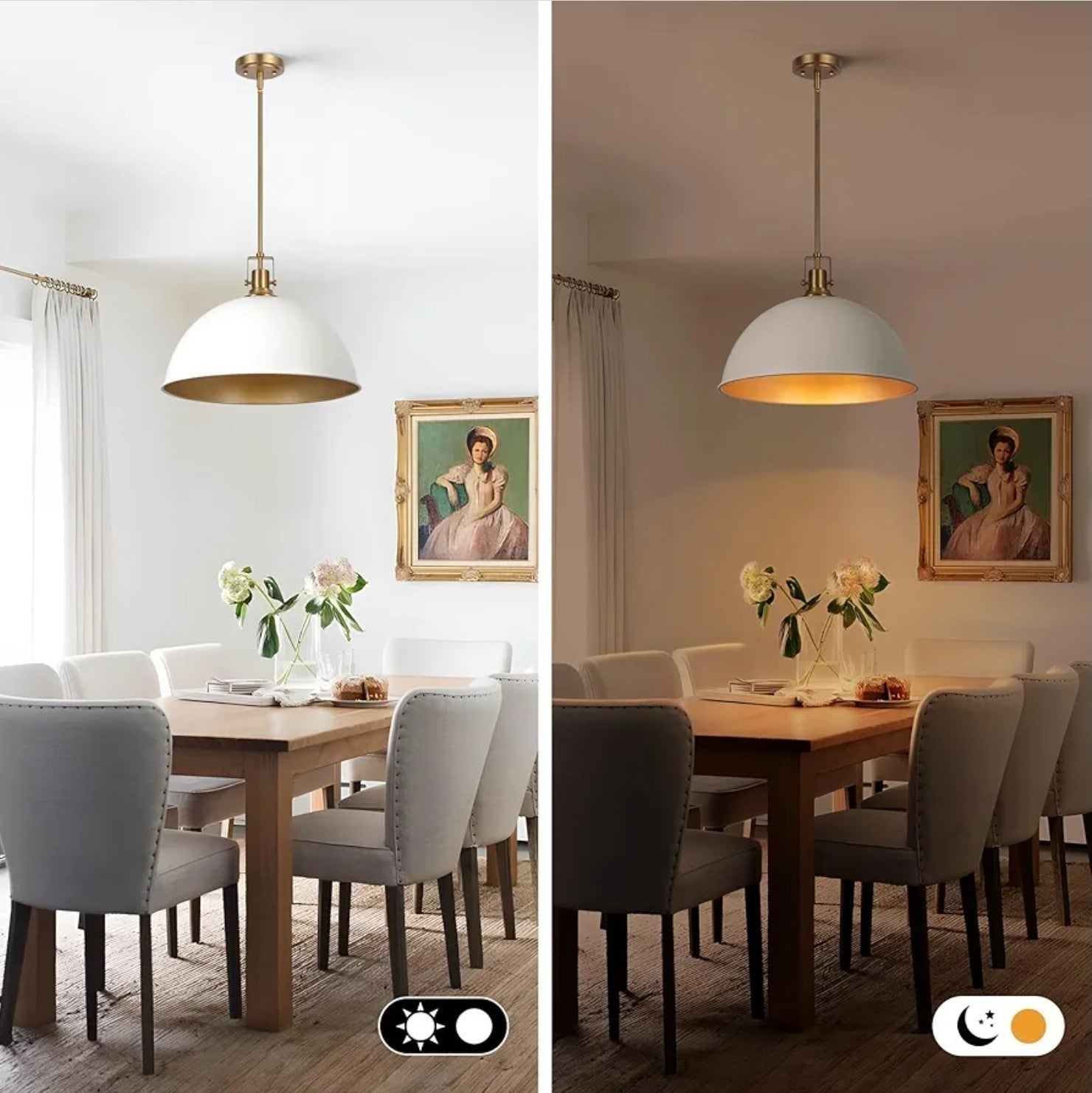 18" White and Gold Large Pendant Light Kitchen Island, Farmhouse Modern Dome Pen - Horizon Endless