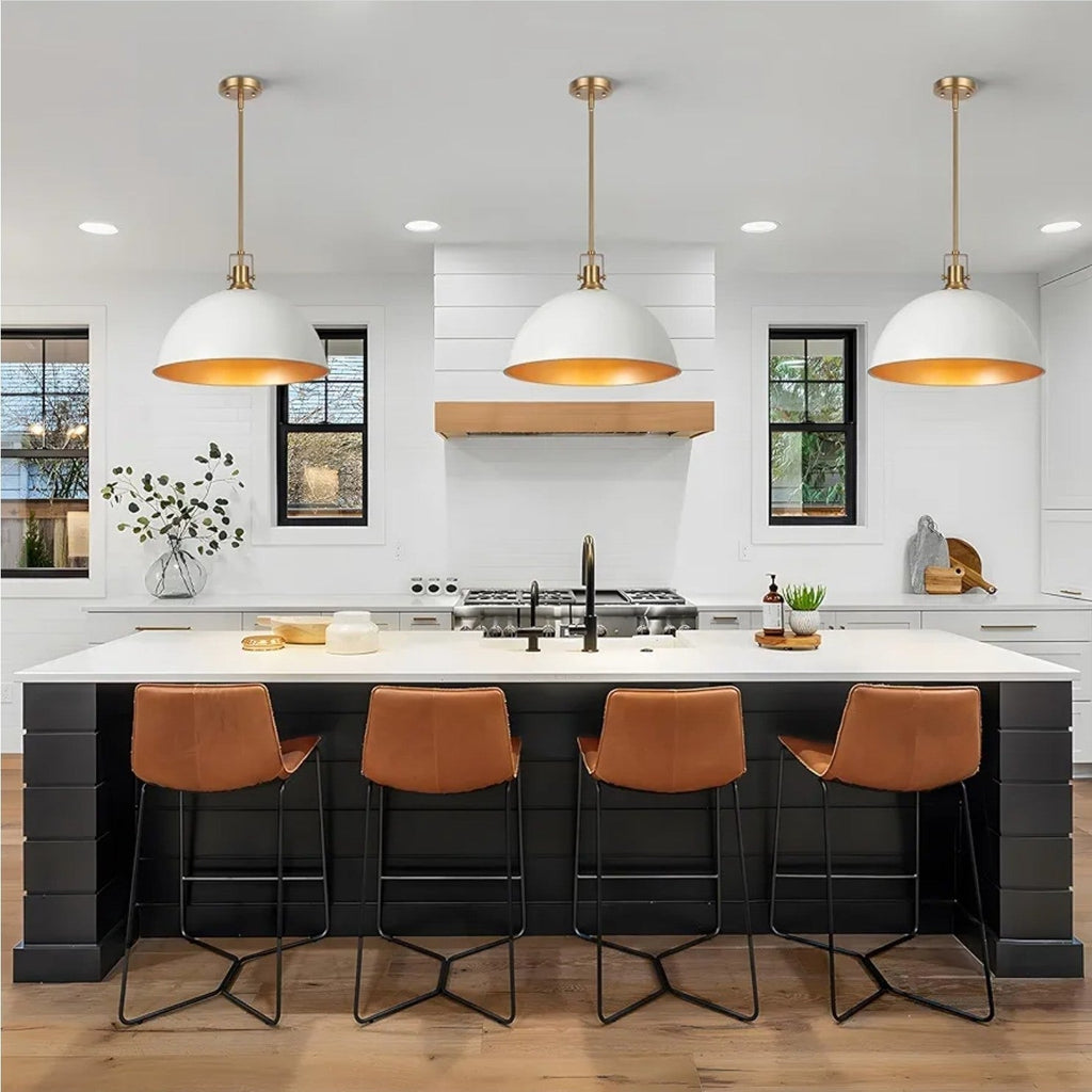 18" White and Gold Large Pendant Light Kitchen Island, Farmhouse Modern Dome Pen - Horizon Endless