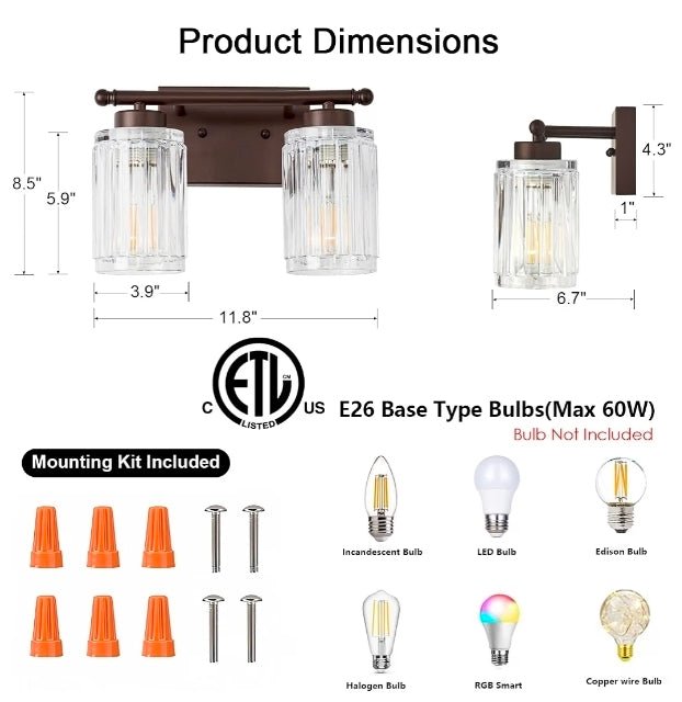 2 Light Bathroom Light Fixtures Modern ORB 12 Inch Vanity Lights for Bathroom Lighting Fixtures Over Mirror with Thickened Glass Shade for Cabinet Mirror Bedroom Hallway - Horizon Endless